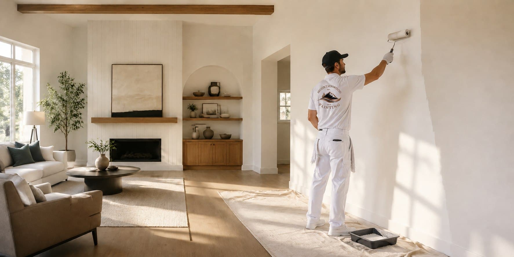 A MountainWood painter in a branded shirt rolling fresh paint onto the wall of a bright, high-ceilinged living room with a fireplace and oak floors.