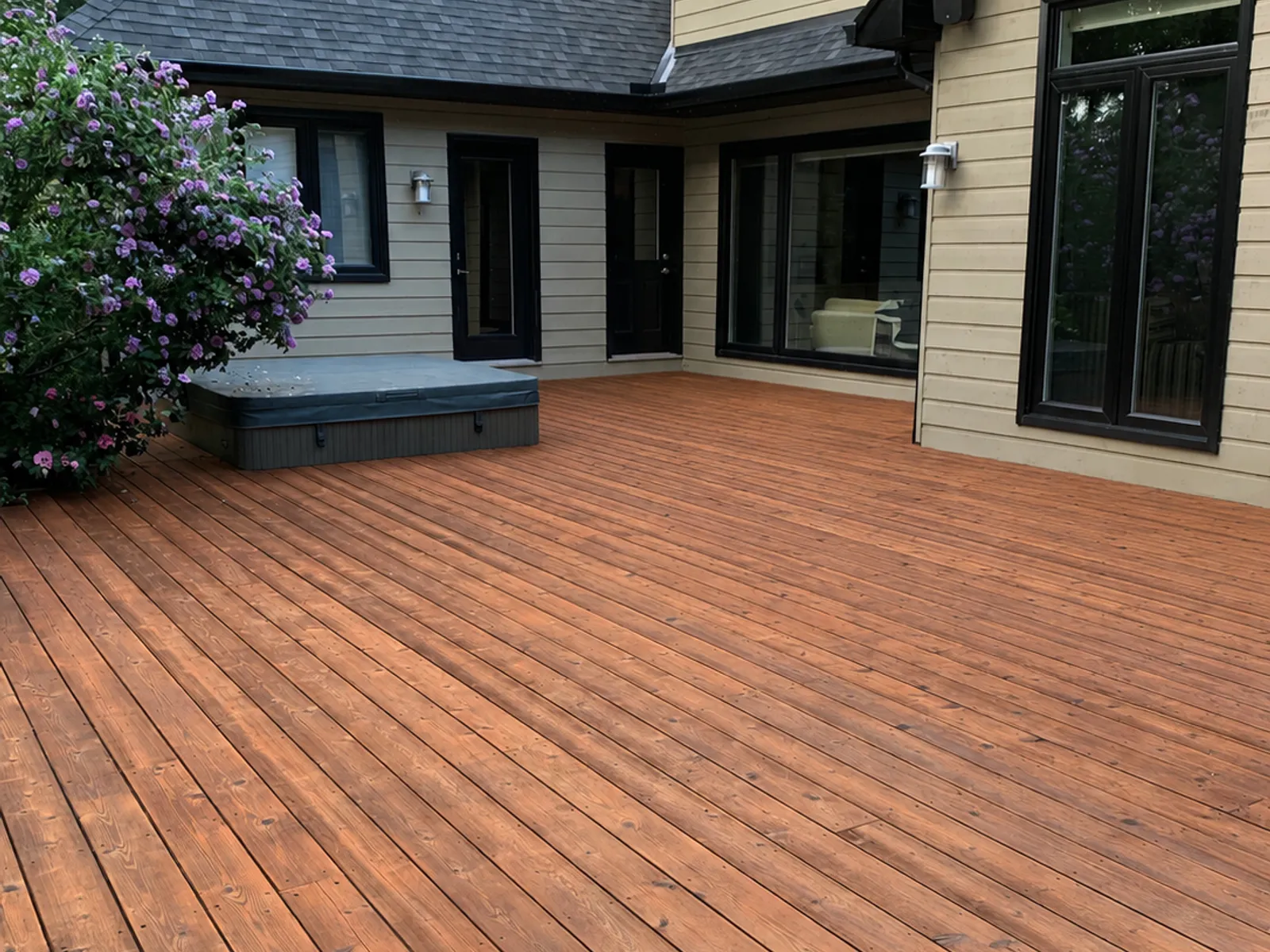 The same deck after two coats of stain, the boards a warm reddish brown against the house siding.
