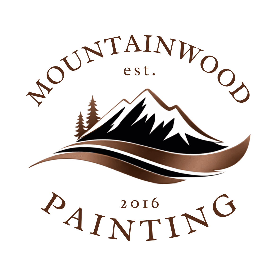 MountainWood Painting circular badge logo with mountain peaks over a brushstroke.